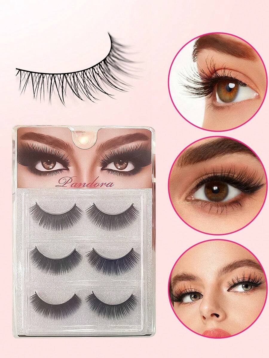 3 Pairs/1 Box Natural Volume Black False Eyelashes - Black - View 1