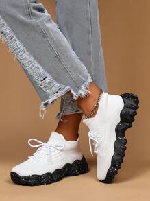 Women's Breathable Round Toe Slip-On Cushion Sneakers, Ladies' Casual Knitted Shoes - 白色 - 查看 4