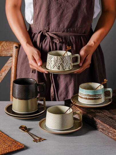 1 Set Ceramic Coffee Cup & Saucer Set With High-Quality Metal Spoon, Elegant Retro European & American Style, Suitable For Commercial And Home Use In Cafes, Restaurants, Hotels, And Households. Ideal Gift For Sisters, Couples, And Families. Includes Latte, Americano, Milk, Tea, And Coffee Cups With Saucers And Vintage Metal Spoons.