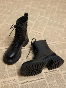 2024 Autumn & Winter New Round Toe Thick Heel Lace-Up Platform Ankle Boots, Fashion Versatile Boots For Women - Black - View 4