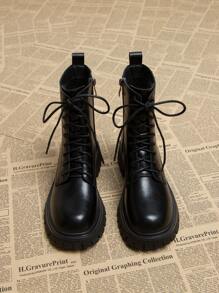 2024 Autumn & Winter New Round Toe Thick Heel Lace-Up Platform Ankle Boots, Fashion Versatile Boots For Women - Black - View 1