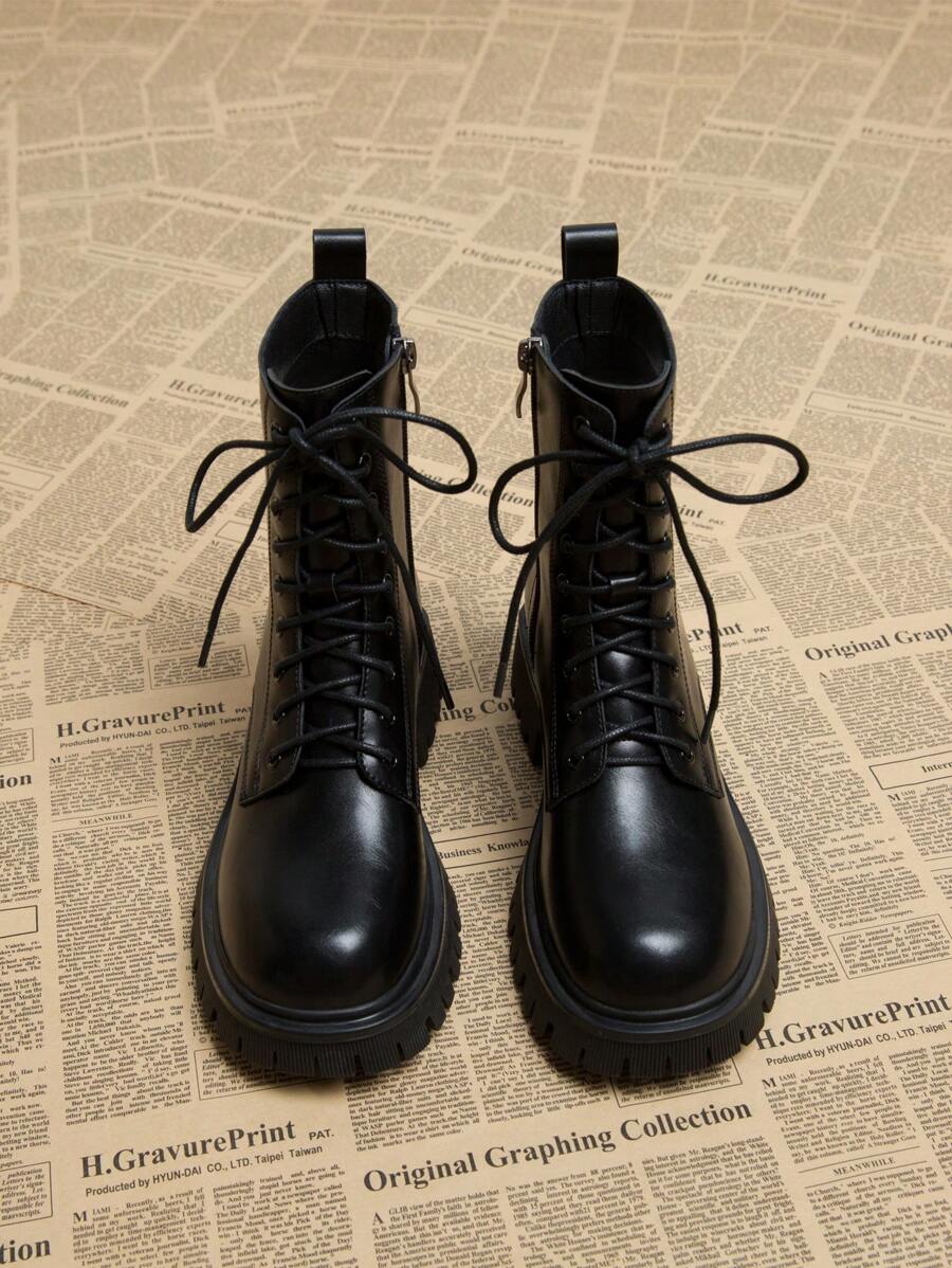 2024 Autumn & Winter New Round Toe Thick Heel Lace-Up Platform Ankle Boots, Fashion Versatile Boots For Women - Black - View 1