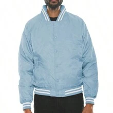 Men Solid Varsity Bomber Jacket Waterproof Fall Winter Summer Lightweight All Season Striped Trim Slant Pockets Baseball Jacket Snap Button - Sky Blue - View 6