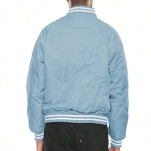 Men Solid Varsity Bomber Jacket Waterproof Fall Winter Summer Lightweight All Season Striped Trim Slant Pockets Baseball Jacket Snap Button - Sky Blue - View 7