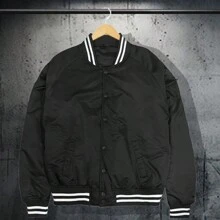 Men Solid Varsity Bomber Jacket Waterproof Fall Winter Summer Lightweight All Season Striped Trim Slant Pockets Baseball Jacket Snap Button - Black - View 1