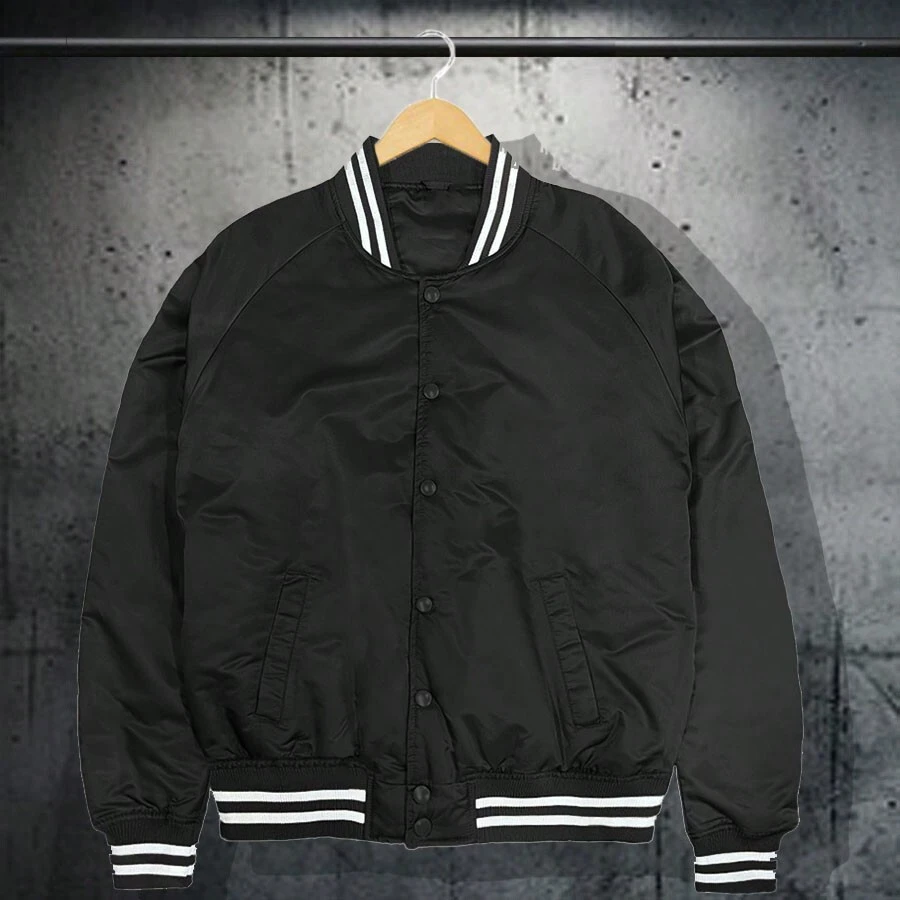 Men Solid Varsity Bomber Jacket Waterproof Fall Winter Summer Lightweight All Season Striped Trim Slant Pockets Baseball Jacket Snap Button - Black - View 1