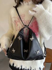 Women's Student Shopping Casual Minimalist Large Capacity Shoulder Bag, Solid Color Bow Zipper Decor - Black - View 8