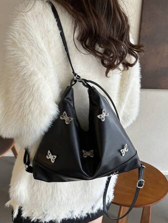 Solid Color Stone Pattern Bowknot Zipper Decor Casual Simple Large Capacity Shoulder Bag For Women, Students, Shopping, Street Fashion Valentines, Fashionable Bow Purse For Women