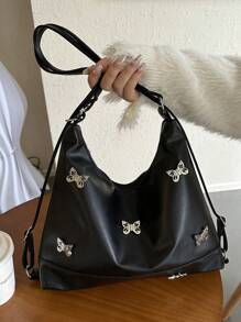 Women's Student Shopping Casual Minimalist Large Capacity Shoulder Bag, Solid Color Bow Zipper Decor - Black - View 9