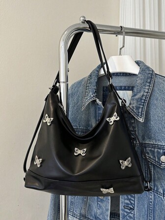 Solid Color Stone Pattern Bowknot Zipper Decor Casual Simple Large Capacity Shoulder Bag For Women, Students, Shopping, Street Fashion Valentines, Fashionable Bow Purse For Women , Old Money