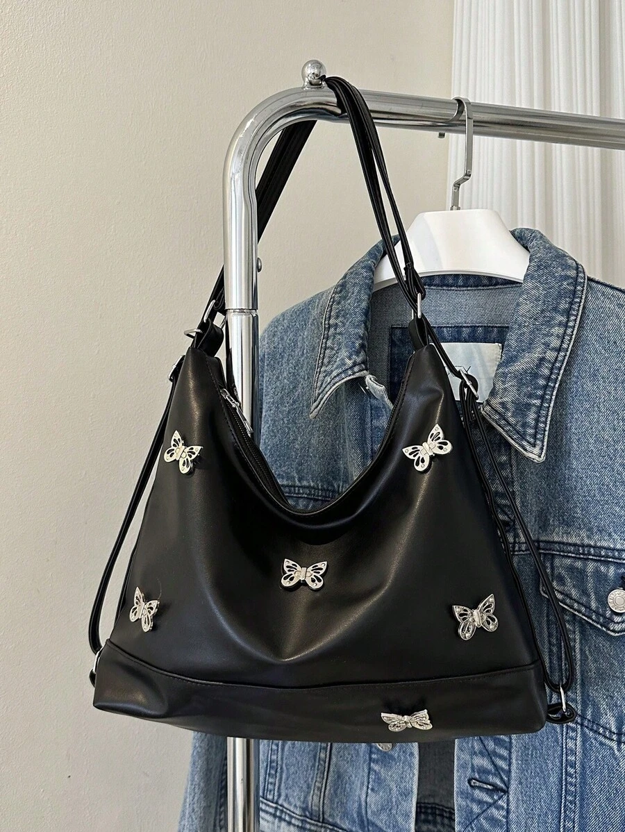 Women's Student Shopping Casual Minimalist Large Capacity Shoulder Bag, Solid Color Bow Zipper Decor