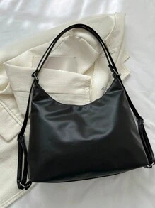 Women's Student Shopping Casual Minimalist Large Capacity Shoulder Bag, Solid Color Bow Zipper Decor - Black - View 5