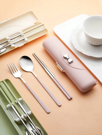 3 件套韩式不锈钢勺子、叉子和筷子套装，方便学生和户外使用的餐具，蝴蝶结装饰、厨房、圣诞礼物、学校用品