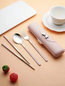 Set Sendok, Garpu, dan Sumpit Stainless Steel Gaya Korea 3 Buah, Peralatan Makan Praktis untuk Pelajar dan Penggunaan di Luar Ruangan, Dekorasi Pita, Dapur, Hadiah Natal, Perlengkapan Sekolah - MultiWarna - View 4