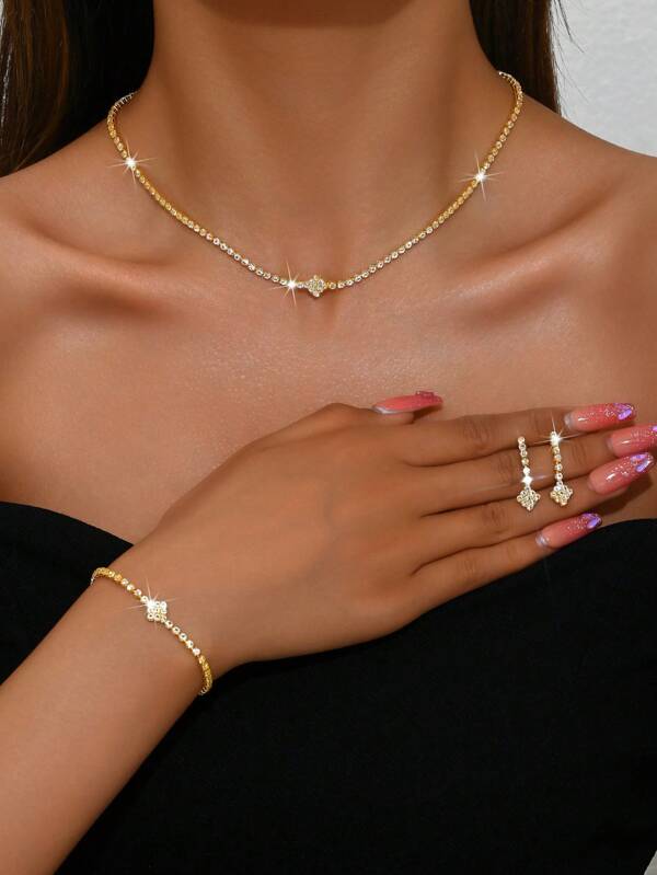 Setul de cadou de 4 bucăți, la modă, cu strasuri complete, minimaliste, în mai multe piese, includ colier, cercei, brățară pentru femei, ținută zilnică, petrecere, prietenă, cea mai bună prietenă