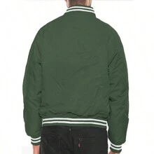 Men Solid Varsity Bomber Jacket Waterproof Fall Winter Summer Lightweight All Season Striped Trim Slant Pockets Baseball Jacket Snap Button - Olive Green - View 7