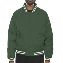Men Solid Varsity Bomber Jacket Waterproof Fall Winter Summer Lightweight All Season Striped Trim Slant Pockets Baseball Jacket Snap Button - Olive Green - View 6