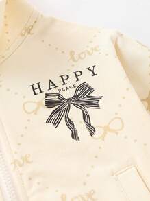 2 件套年轻女孩运动蝴蝶结印花长袖拉链夹克和长裤套装，秋季/春季