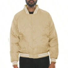 Men Solid Varsity Bomber Jacket Waterproof Fall Winter Summer Lightweight All Season Striped Trim Slant Pockets Baseball Jacket Snap Button - Khaki - View 6