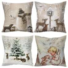 4 Stücke dekorative Kissenbezüge mit Weihnachtsdesign wie Schneemann, Hase, Hirsch, silberne Weihnachten Kissen Box Kissenbezüge als Sofa Geschenk für Terrasse oder Schlafzimmer ohne Kissenfüllung - Mokka-Braun - Übersicht 1