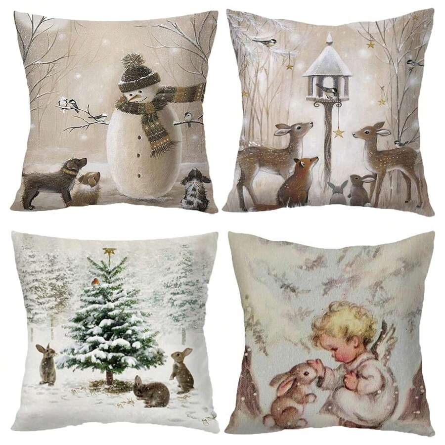 4 Stücke dekorative Kissenbezüge mit Weihnachtsdesign wie Schneemann, Hase, Hirsch, silberne Weihnachten Kissen Box Kissenbezüge als Sofa Geschenk für Terrasse oder Schlafzimmer ohne Kissenfüllung - Mokka-Braun - Übersicht 1
