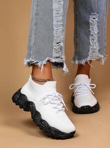 Women's Breathable Round Toe Slip-On Cushion Sneakers, Ladies' Casual Knitted Shoes - 白色 - 查看 6