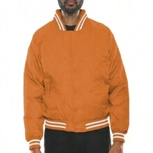Men Solid Varsity Bomber Jacket Waterproof Fall Winter Summer Lightweight All Season Striped Trim Slant Pockets Baseball Jacket Snap Button - Orange - View 6