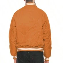 Men Solid Varsity Bomber Jacket Waterproof Fall Winter Summer Lightweight All Season Striped Trim Slant Pockets Baseball Jacket Snap Button - Orange - View 7