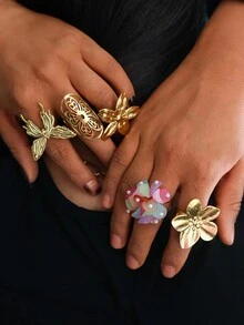 Vintage Set mit mehrlagigen Edelstahl-Ringen mit Retro-Frische-Wasserperlenhohlschmetterling- und Blumenmotiven, geeignet für den täglichen Gebrauch von Frauen, Halloween, Valentinstag, Thanksgiving, Partys, Reisen, Feiertagsgeschenke, Freundschaftsschmuck - Verschiedenfarbig - Übersicht 2