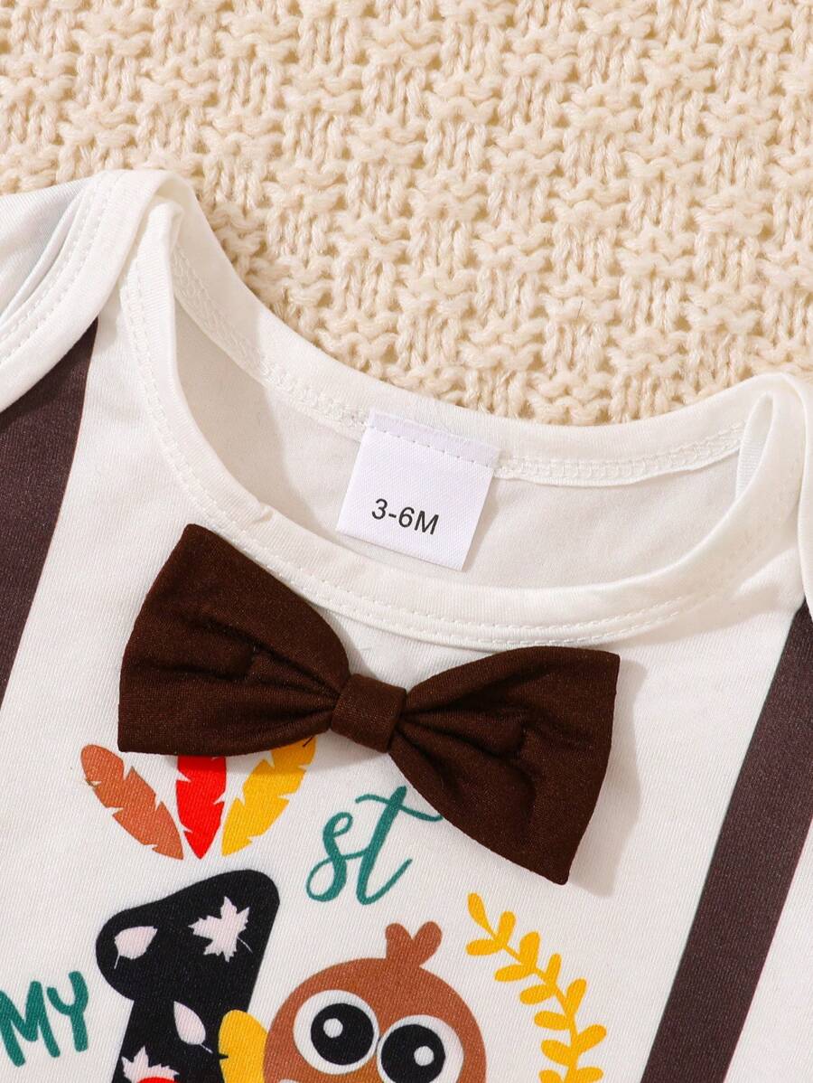 Baby Boy Thanksgiving Turkey Print Long Sleeve Romper And Solid Color