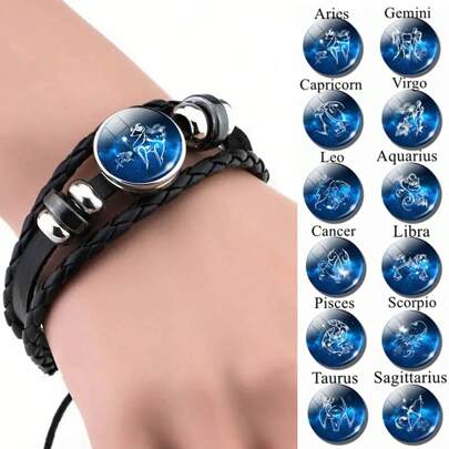 1 pieza Pulsera trenzada negra de 12 signos del zodíaco, joyería de moda para hombres, pulsera de constelación, regalo de cumpleaños