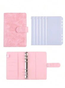 1pc German A6 Ring Binder Notebook With Crocodile Pattern, Macaron PU Leather Loose Leaf Cash Budget Filing Folder - Pink - View 1