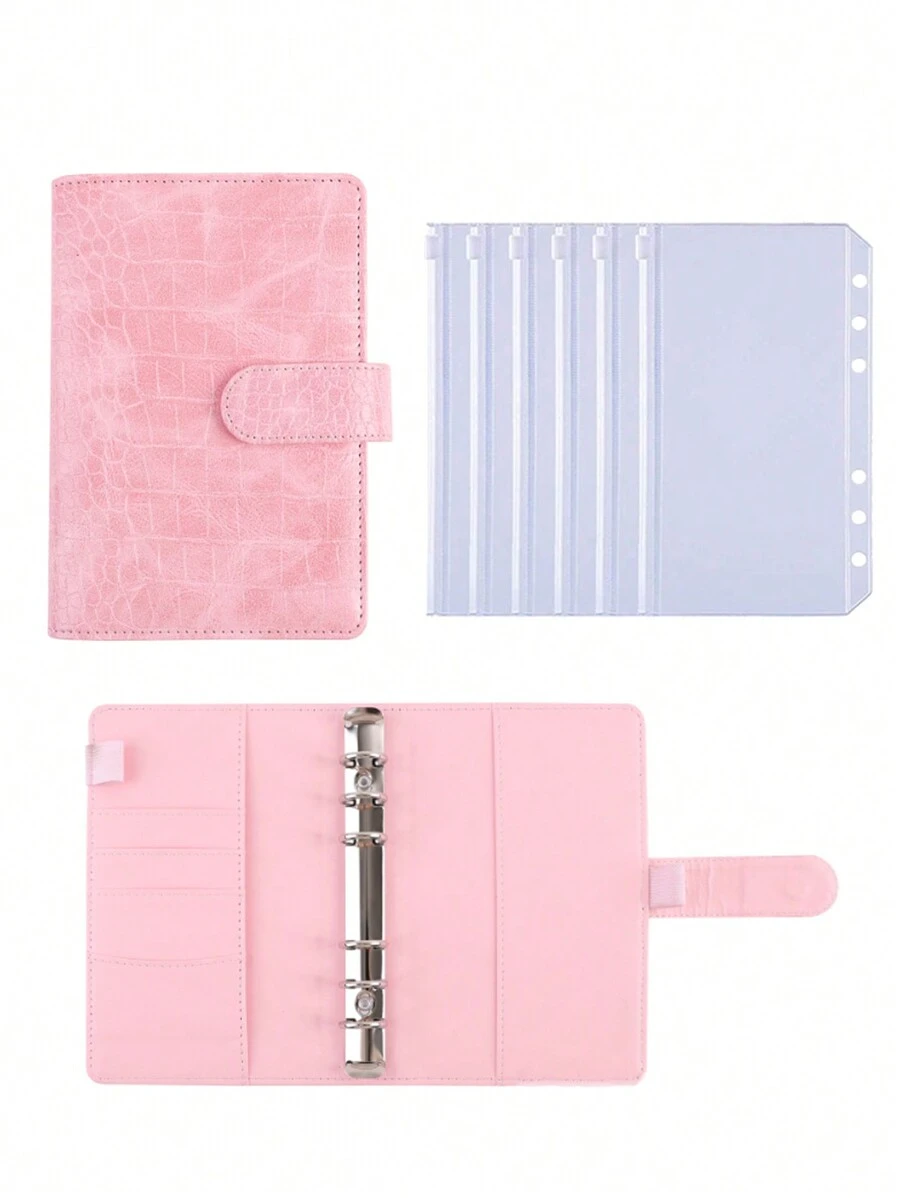 1pc German A6 Ring Binder Notebook With Crocodile Pattern, Macaron PU Leather Loose Leaf Cash Budget Filing Folder - Pink - View 1