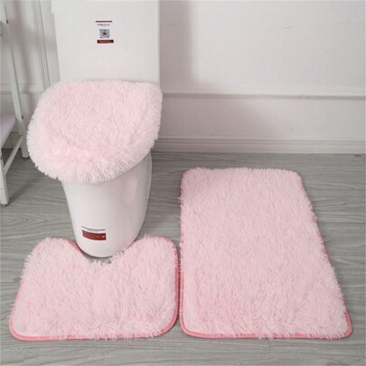3pcs Bathroom Rug Set Including Bath Mat, Contour Mat, And Toilet Lid Cover, Machine Washable, Super Soft Microfiber And Non-Slip Bathroom Rug With Anti-Skid Backing, Pink Home Bathroom Decor Floor Carpet Outdoor Rug Door Mat Fall Decor Bathroom Accessories Back To School Entryway Decor