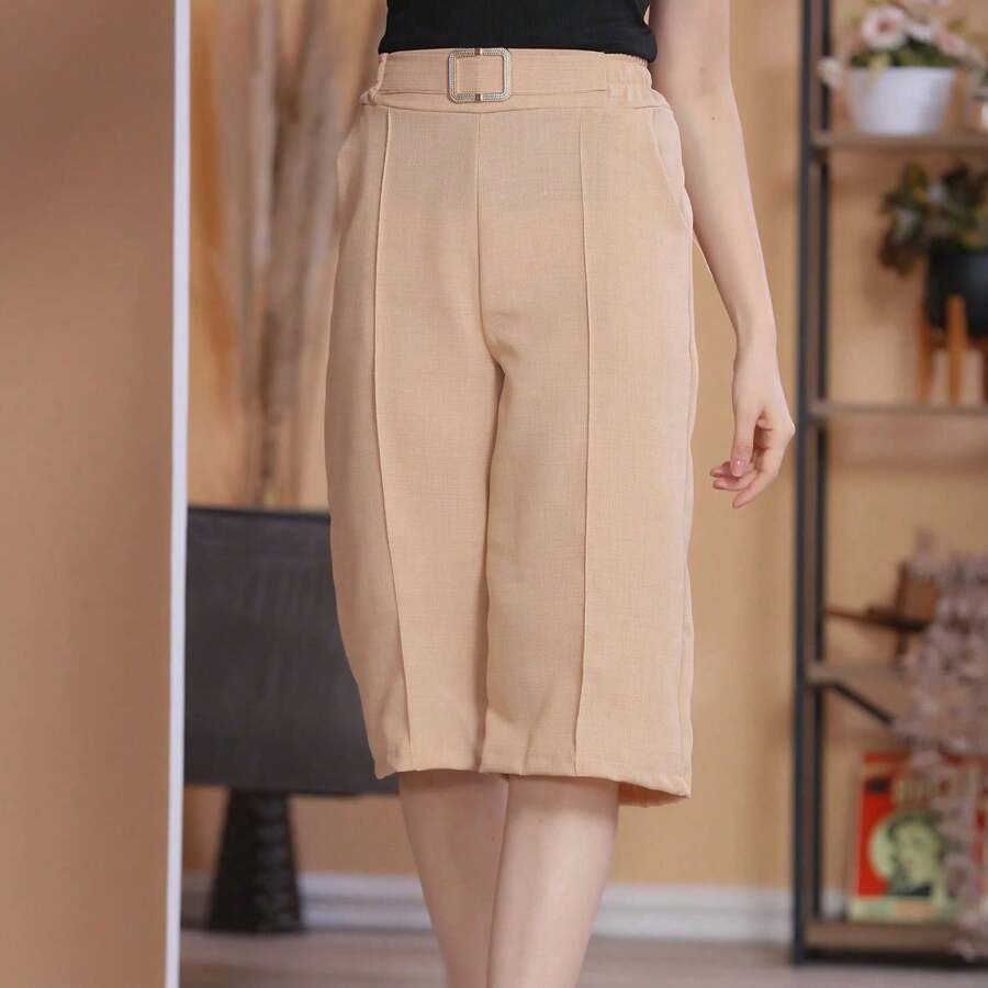 Women's Plain PANTACOUR Pants With Elastic Belt In LINEN Fabric - Màu be - Xem 1