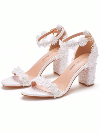 7cm 白色蕾丝花朵粗跟凉鞋、露趾粗跟凉鞋、新娘婚礼凉鞋、夏季高跟凉鞋、小猫跟凉鞋