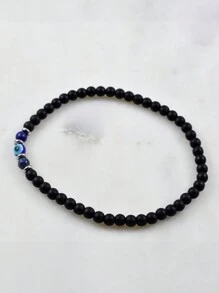 1件男女通用弹力手链，饰有邪眼、黑曜石、青金石和珠子 - 黑色 - 查看 5