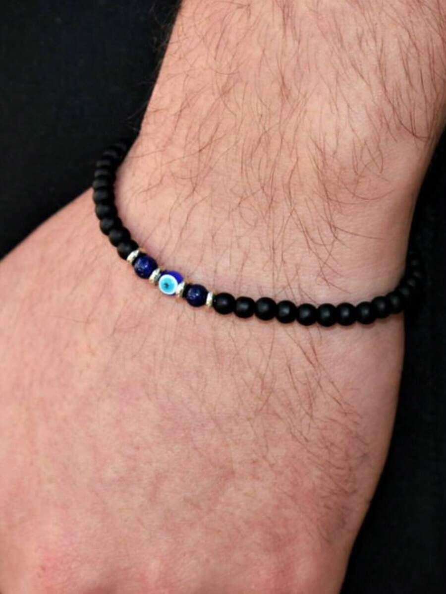 1件男女通用弹力手链，饰有邪眼、黑曜石、青金石和珠子 - 黑色 - 查看 1