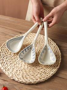 Cuchara japonesa de color azul y blanco de mango largo, cuchara pequeña de cerámica rústica, cuchara retro para beber sopa, cena, ramen, cuchara de sopa grande creativa, artículos escolares