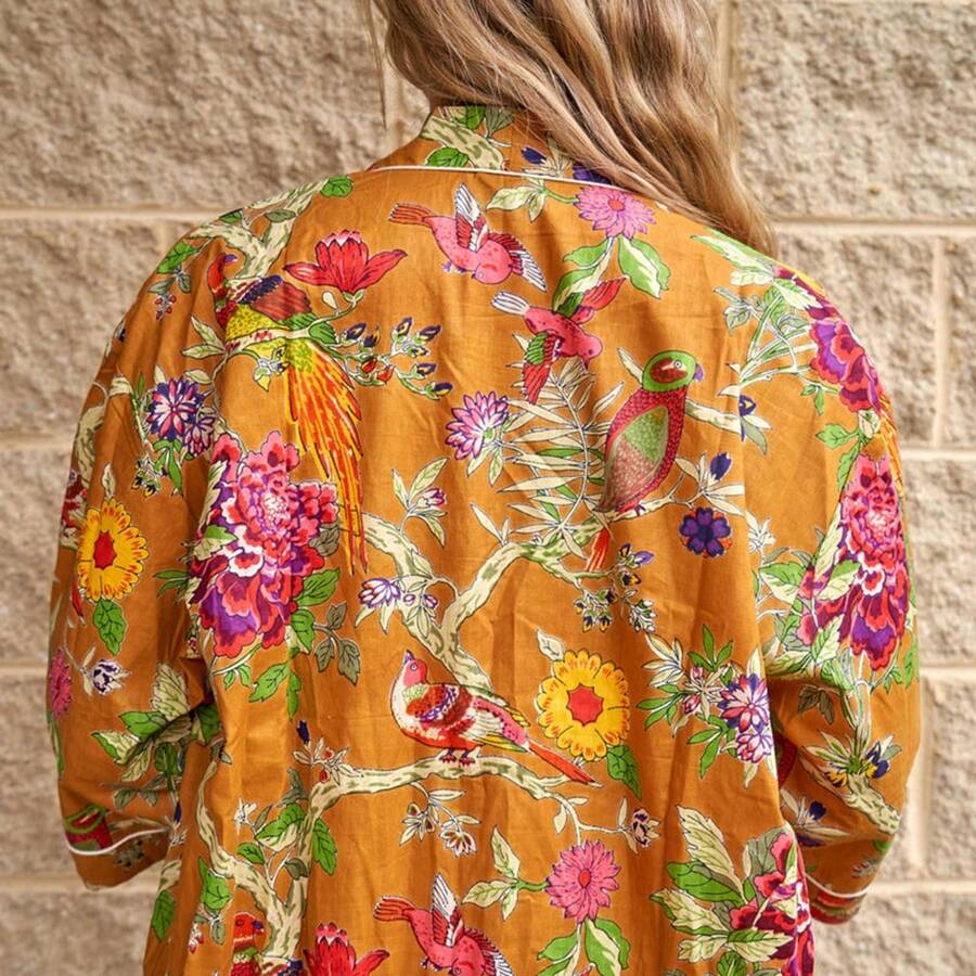 Women's Cotton Kimono Robe - Vibrant Flora Yellow