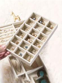 1pc Velvet Jewelry Tray, Large Capacity Jewelry Organizer Tray With Separate Compartments, Simple Multi-Tier Jewelry Display Tray For Earrings, Necklaces, Bracelets, Rings, Hair Clips, Hair Bands - Beige - View 5
