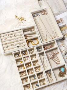 1pc Velvet Jewelry Tray, Large Capacity Jewelry Organizer Tray With Separate Compartments, Simple Multi-Tier Jewelry Display Tray For Earrings, Necklaces, Bracelets, Rings, Hair Clips, Hair Bands - Beige - View 7