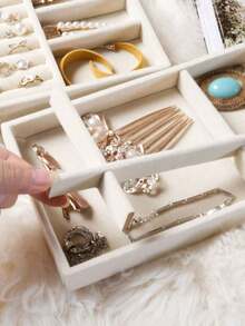 1pc Velvet Jewelry Tray, Large Capacity Jewelry Organizer Tray With Separate Compartments, Simple Multi-Tier Jewelry Display Tray For Earrings, Necklaces, Bracelets, Rings, Hair Clips, Hair Bands - Beige - View 6