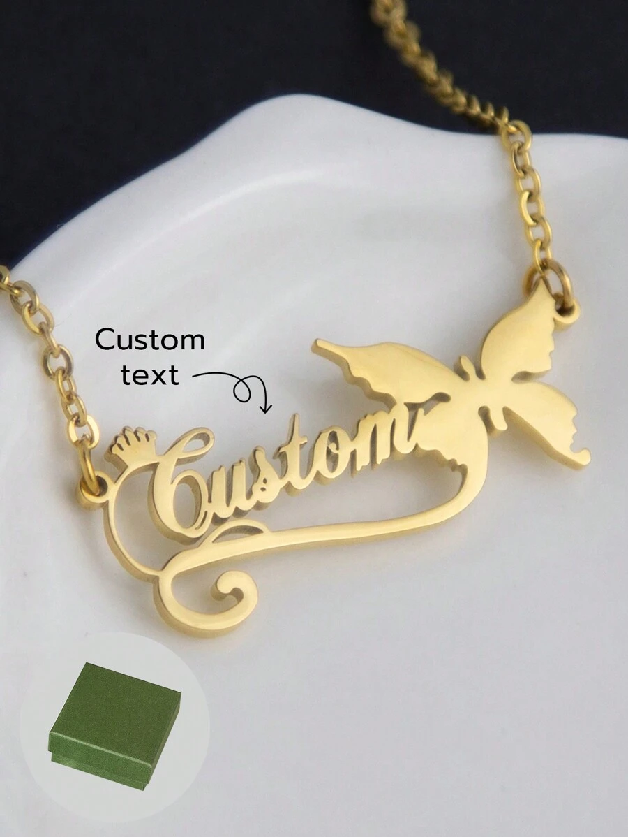 1pc Customized Stainless Steel Ribbon Butterfly Necklace Plated With 18K Gold Couple English Letter Necklace, Fashionable And Elegant Stainless Steel Necklace, Including Gift Box, For Friends, Family, And Lovers As Gifts