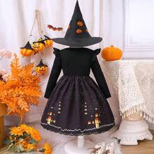 Vestido estampado de abóbora para meninas adolescentes Halloween Elements Holiday, primavera/outono