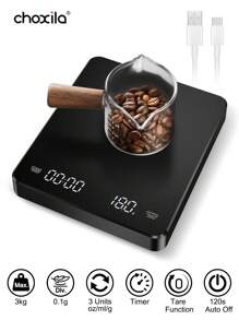choxila 1个带定时器的电子咖啡秤，可充电式意式咖啡秤，3公斤/0.1克（250毫安时）迷你咖啡秤，滴滤式意式咖啡秤，食品秤，3个计量单位，去皮功能，自动关机，计量单位为克/盎司/毫升 - 黑色 - 查看 1