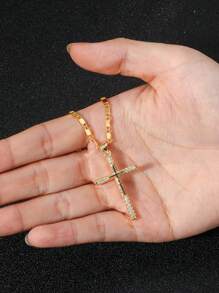 1 件简约金色铜镶嵌锆石吊坠项链，时尚欧美嘻哈风格高端铜锆石元素男士吊坠，适合日常佩戴 - 金黃色 - 查看 2