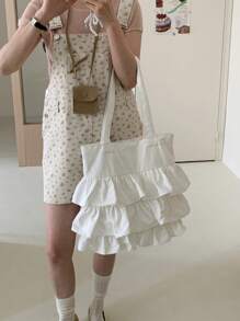 2024夏季新款荷叶边单肩帆布包韩版学院风学生手提包温柔女生帆布手提包 - 白色 - 查看 4