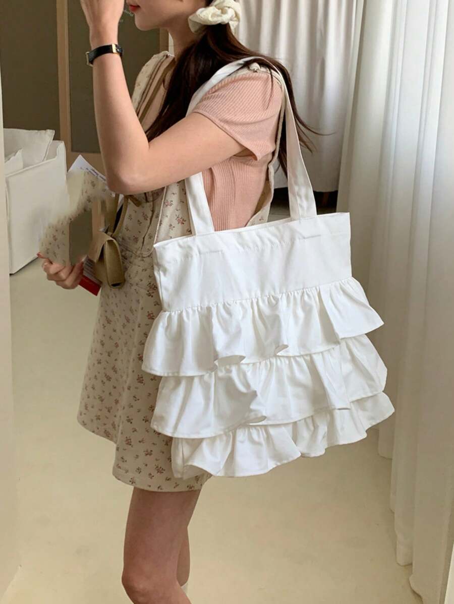 2024夏季新款荷叶边单肩帆布包韩版学院风学生手提包温柔女生帆布手提包 - 白色 - 查看 1