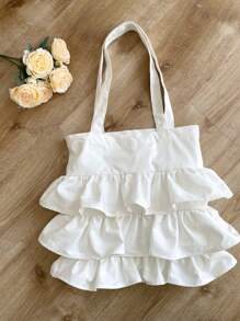 2024夏季新款荷叶边单肩帆布包韩版学院风学生手提包温柔女生帆布手提包 - 白色 - 查看 2